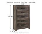 Gray five-drawer chest dimensions: 51.25 in H, 33.75 in W, 15.50 in D.