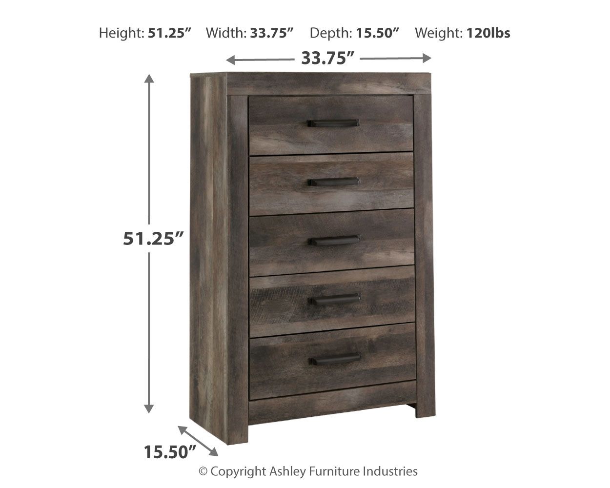 Gray five-drawer chest dimensions: 51.25 in H, 33.75 in W, 15.50 in D.