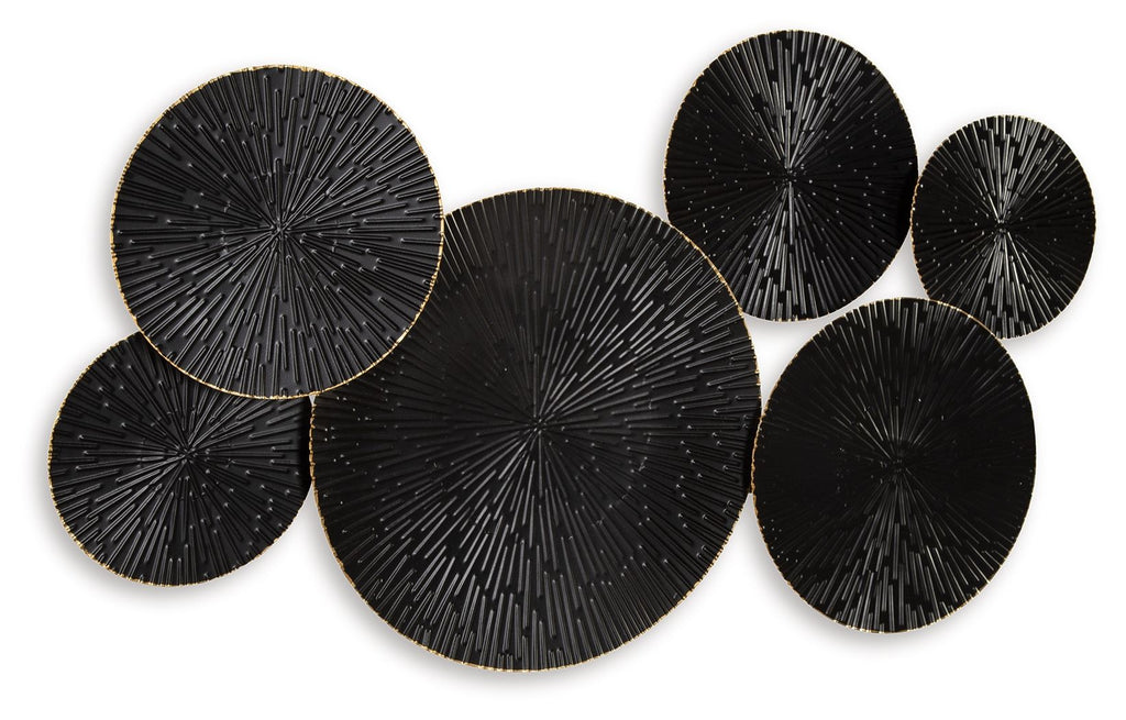 Black and gold circular wall decor with six fan-radial metal discs in curved row