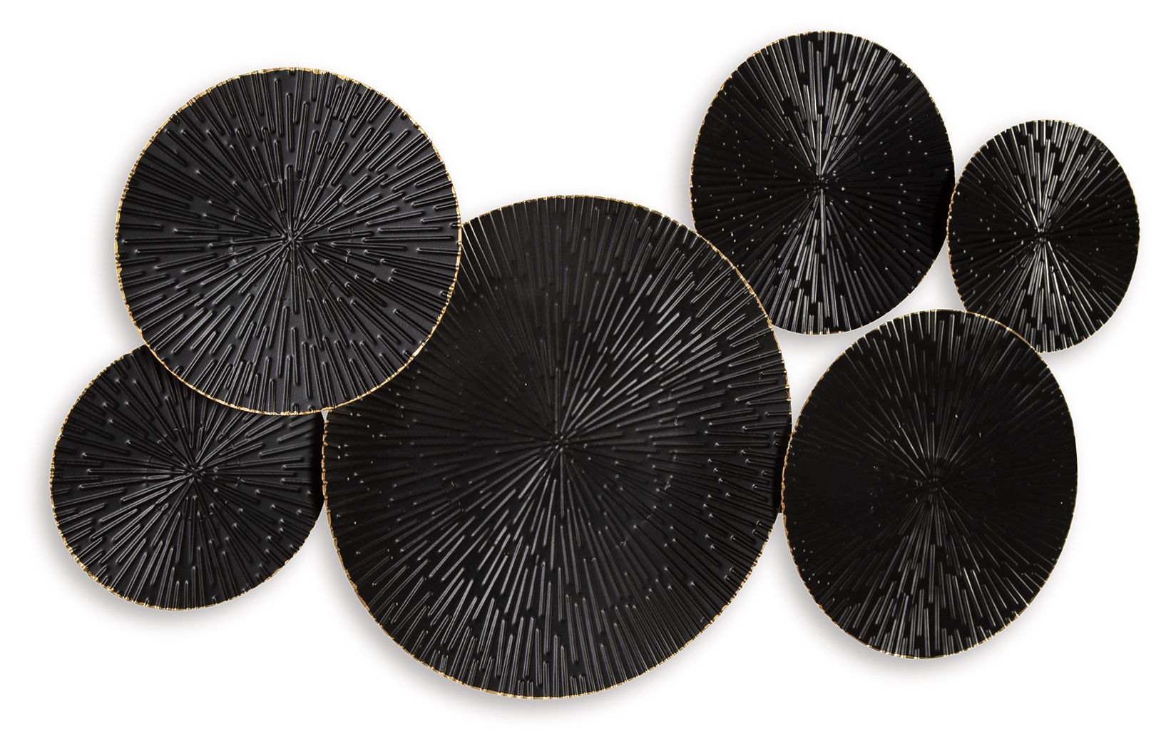 Black and gold circular wall decor with six fan-radial metal discs in curved row