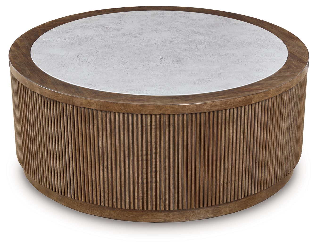 Round side table with gray circular top and light brown vertical slat wood sides.