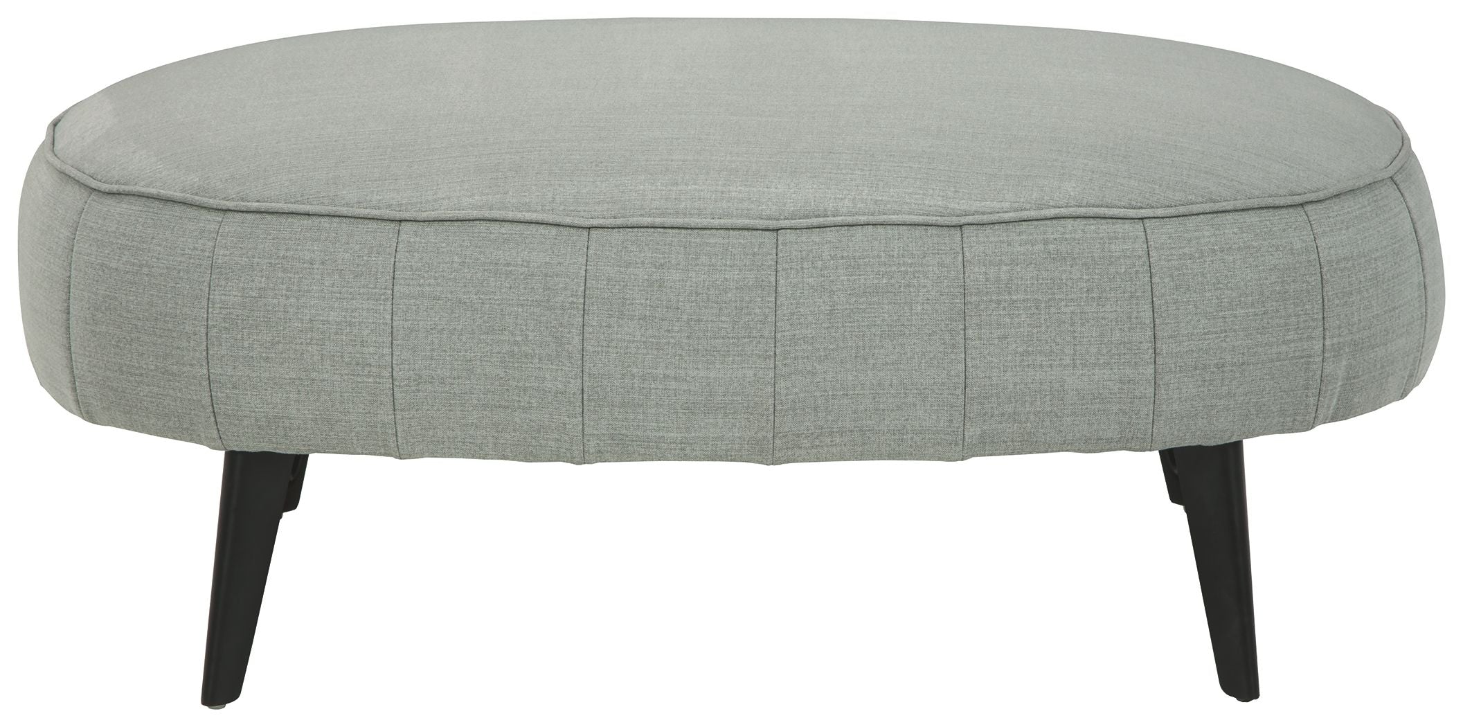 Gray round upholstered ottoman with stitched panel sides and tapered legs