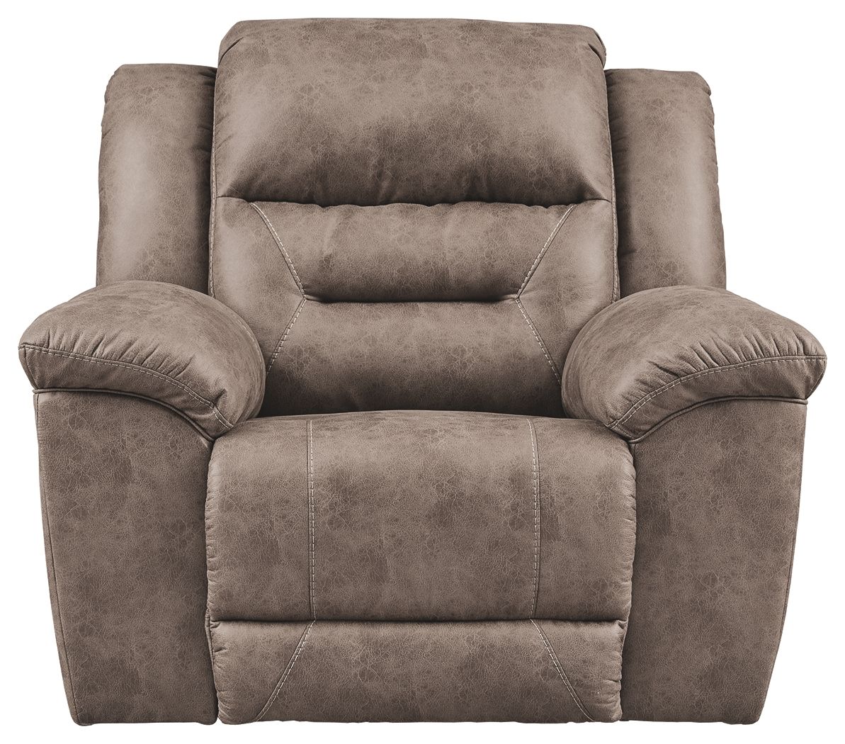 Taupe recliner chair with cushioned headrest, padded arms, and center seam panel