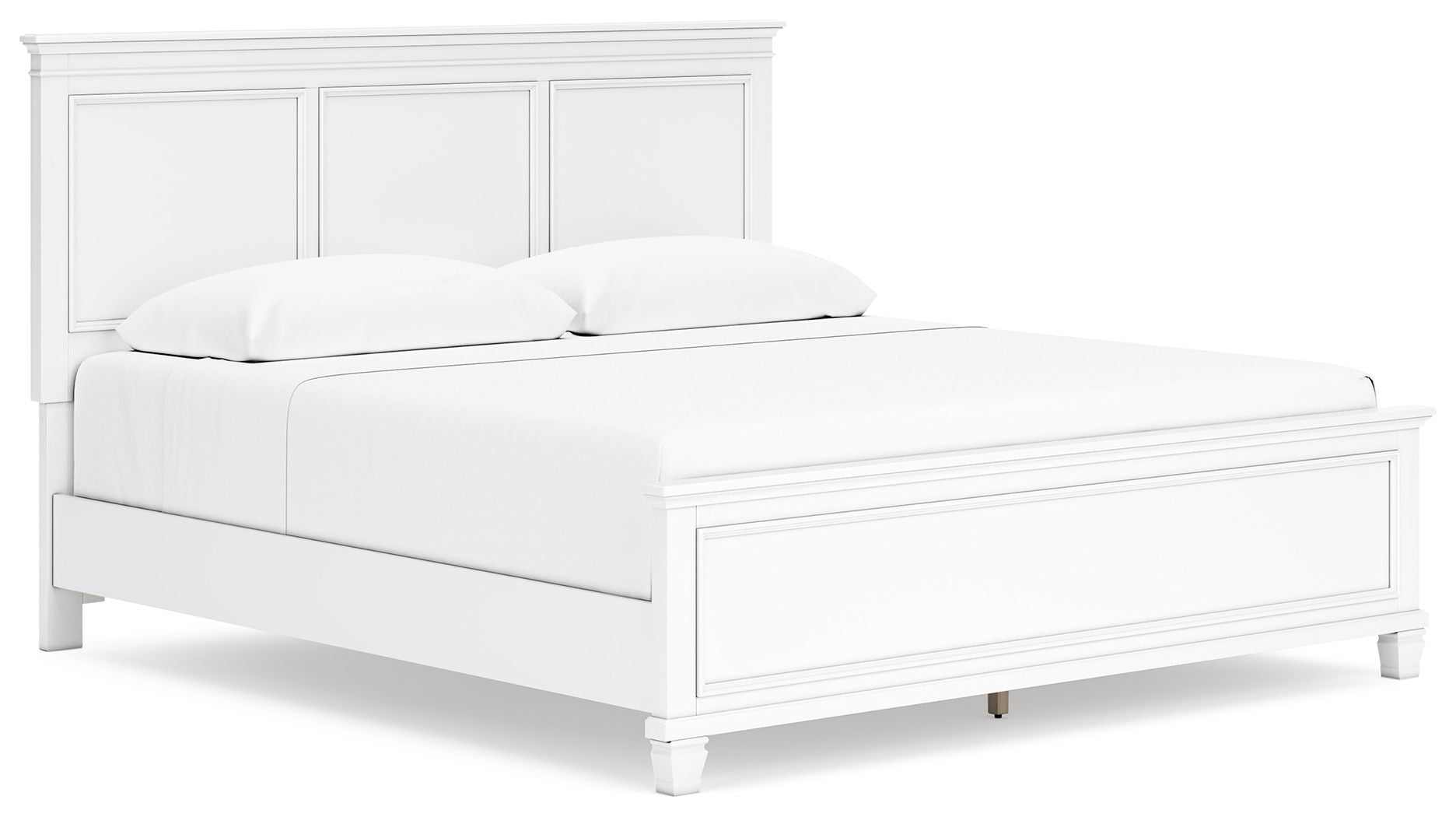 White panel bed with paneled headboard and coordinated drawer storage on the base