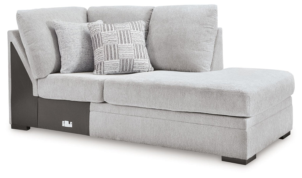 Gabyleigh right-arm corner chaise with light gray upholstery and dark base