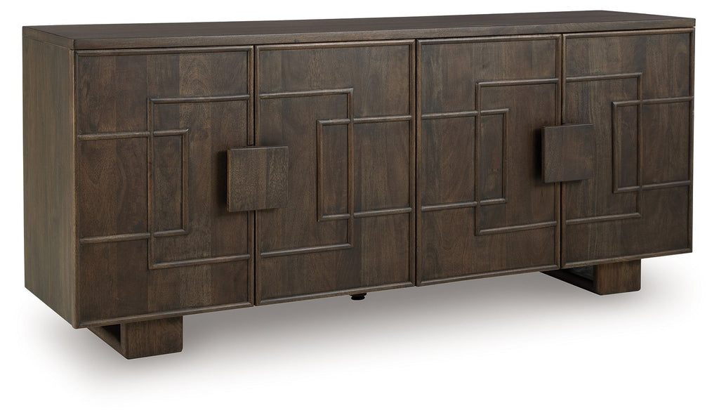 Dark brown accent cabinet with geometric panel doors and angled legs.