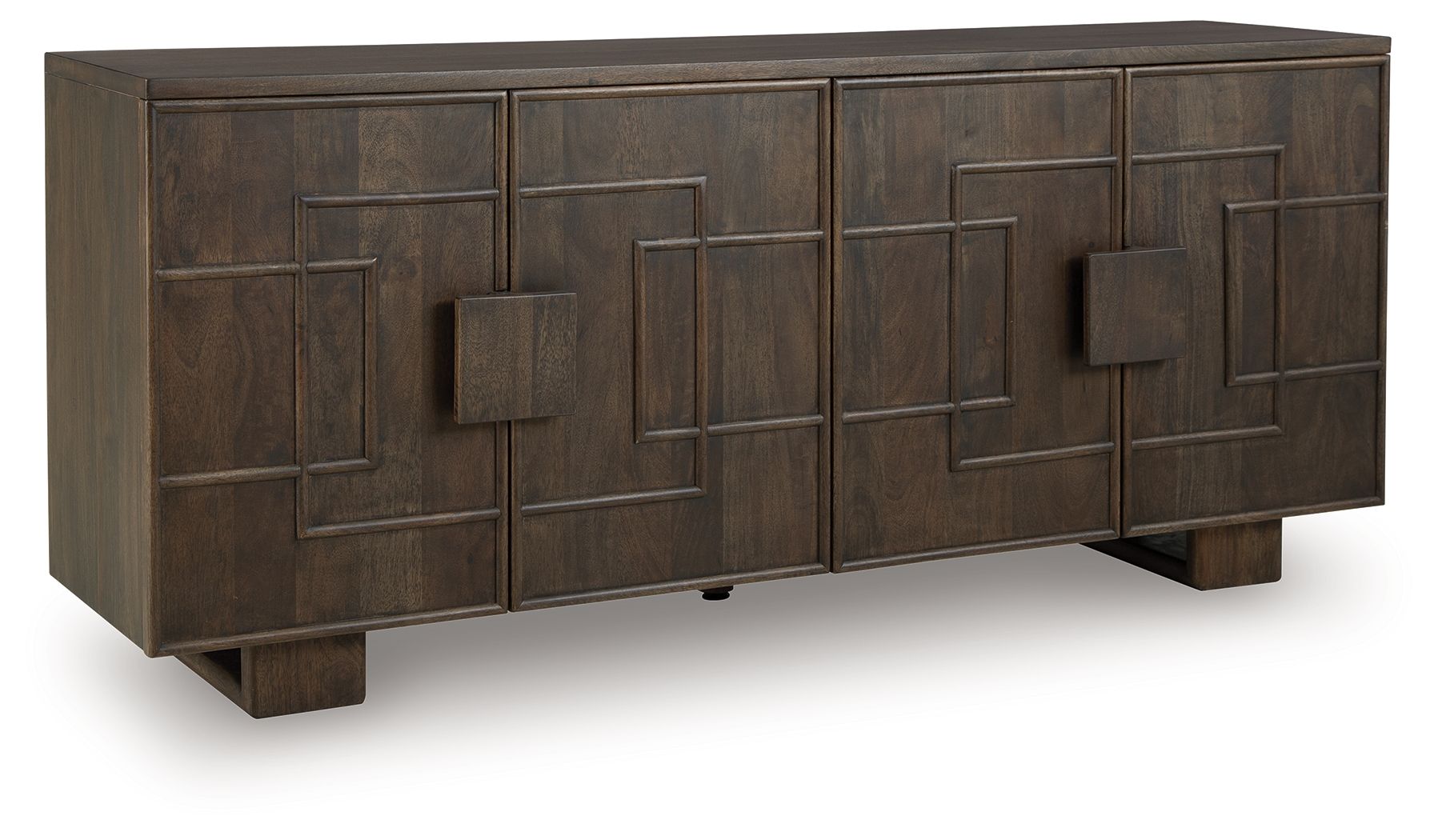 Dark brown accent cabinet with geometric panel doors and angled legs.