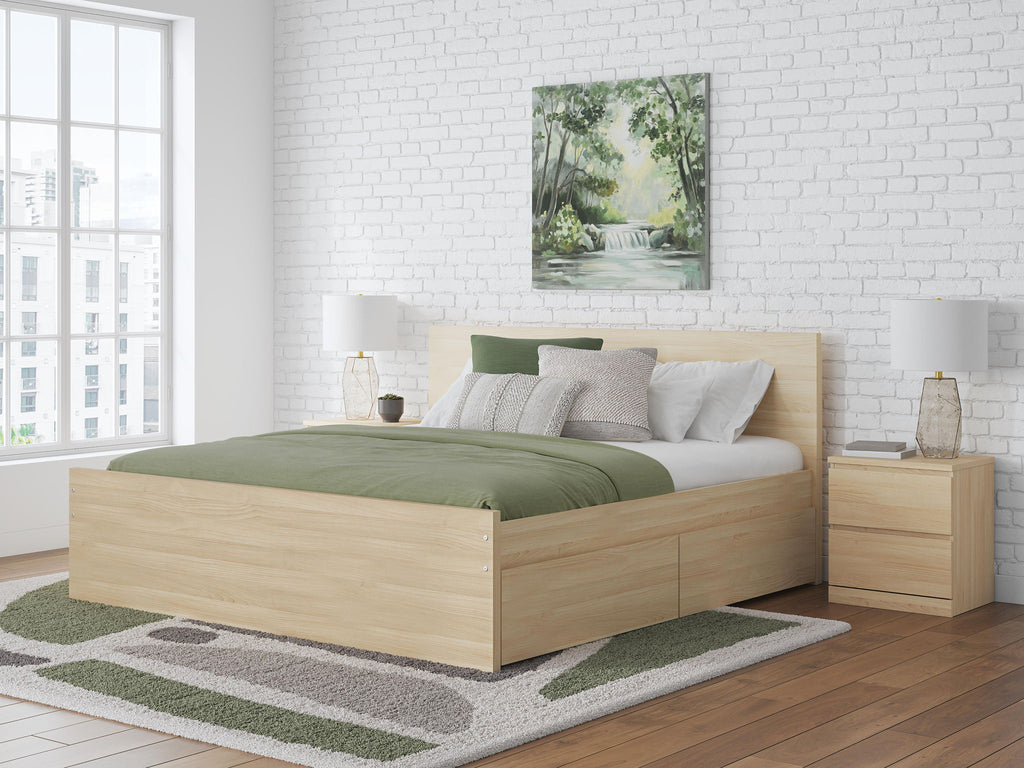 Light brown panel platform bed with side storage drawers and slatted base