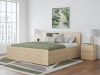 Light brown panel platform bed with side storage drawers and slatted base