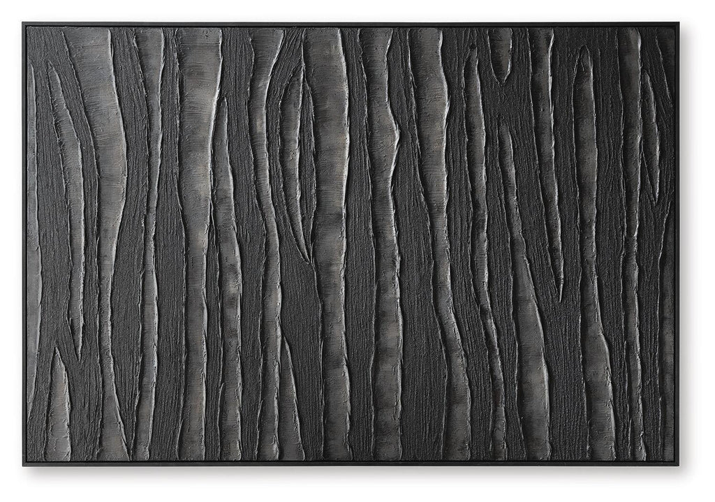Rectangular wall art featuring dark gray vertical striations, black frame