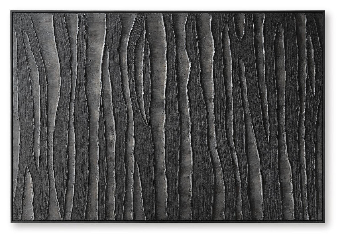 Rectangular wall art featuring dark gray vertical striations, black frame
