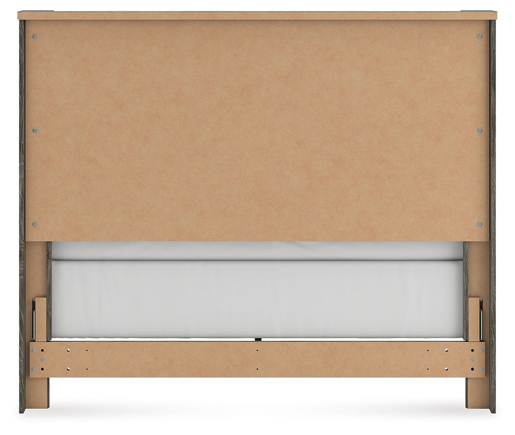 Panel bed frame with light gray wood headboard and side rails, no mattress