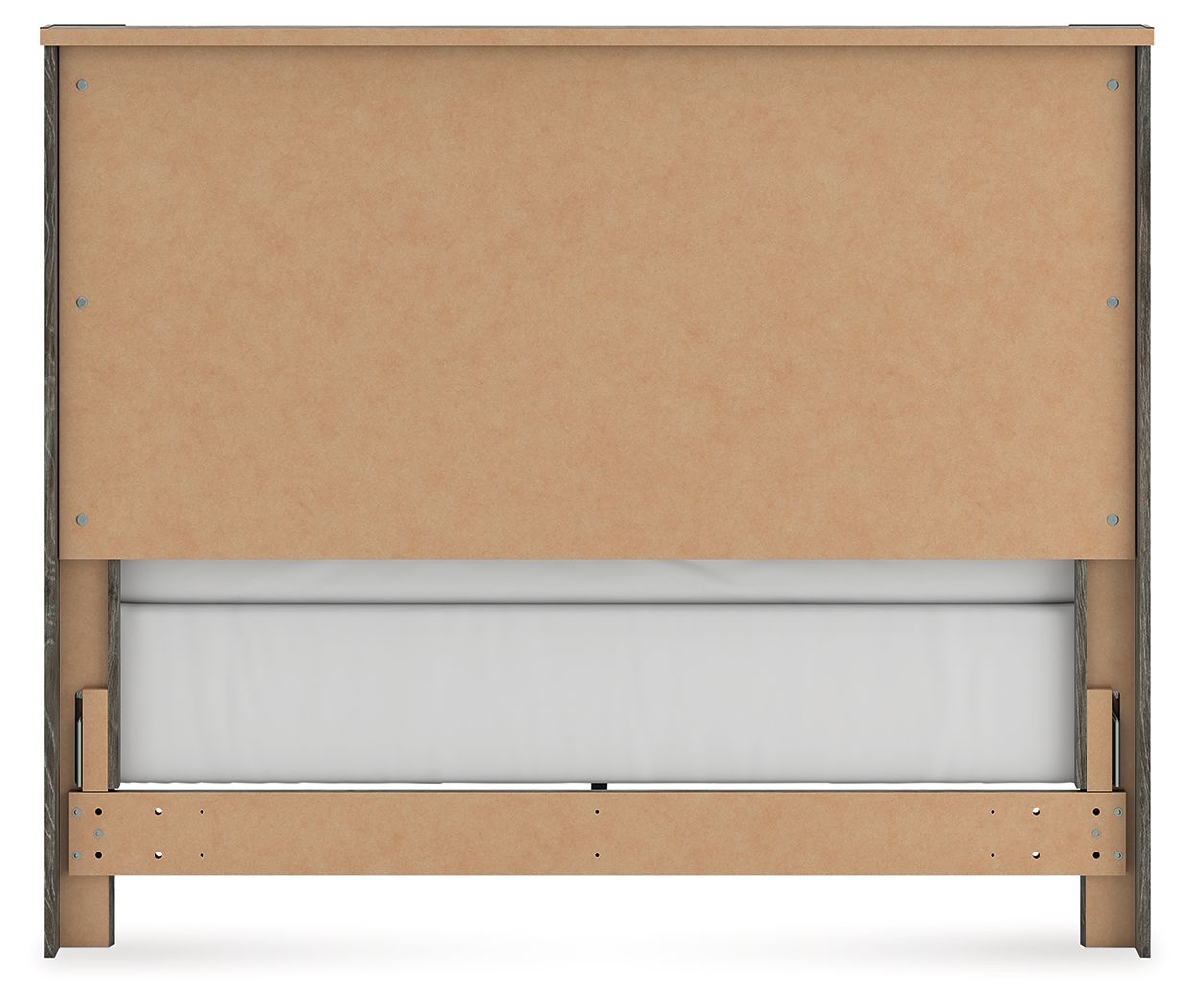 Panel bed frame with light gray wood headboard and side rails, no mattress