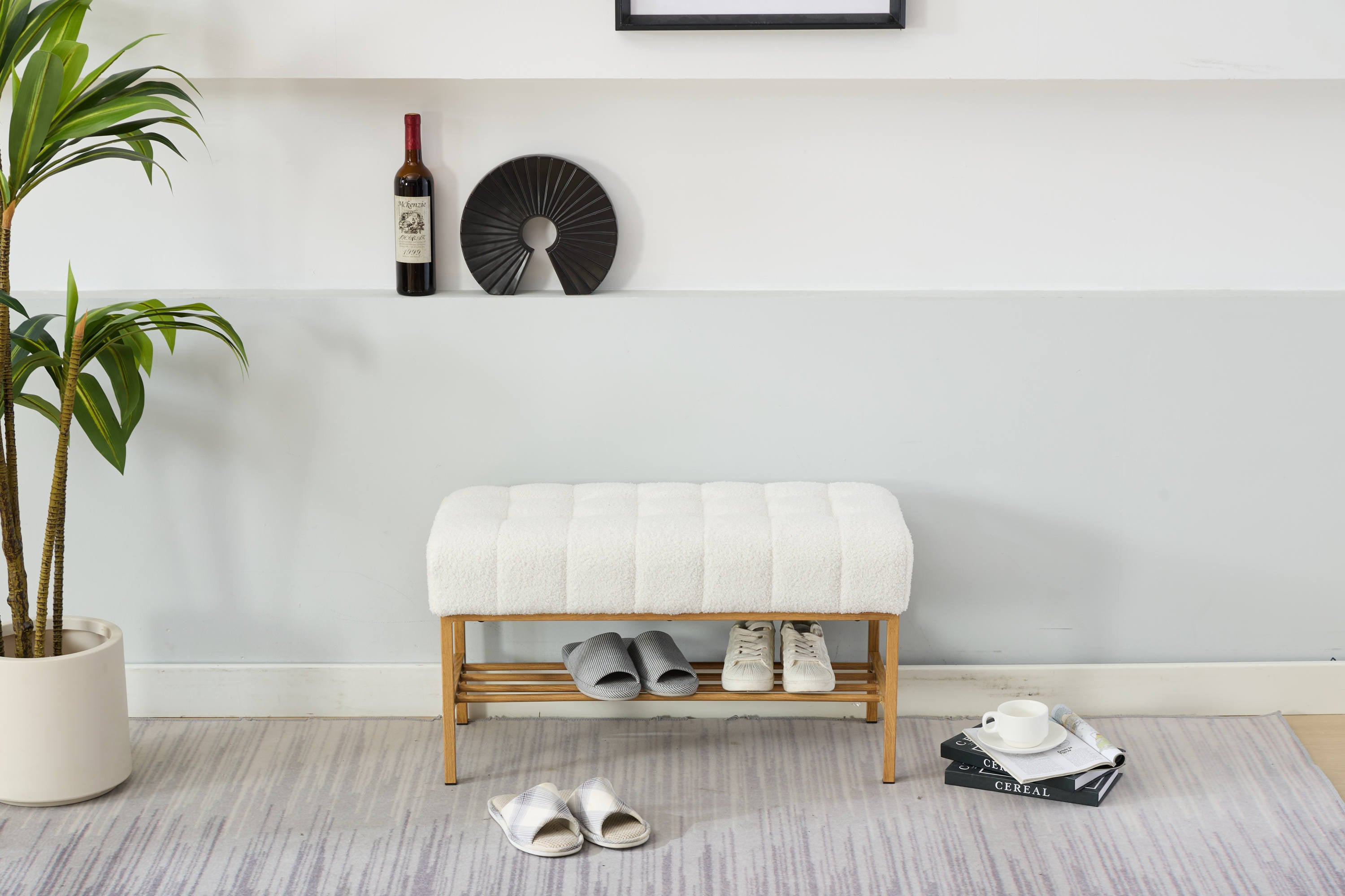 Upholstered Storage Bench with Shelf - Linen White