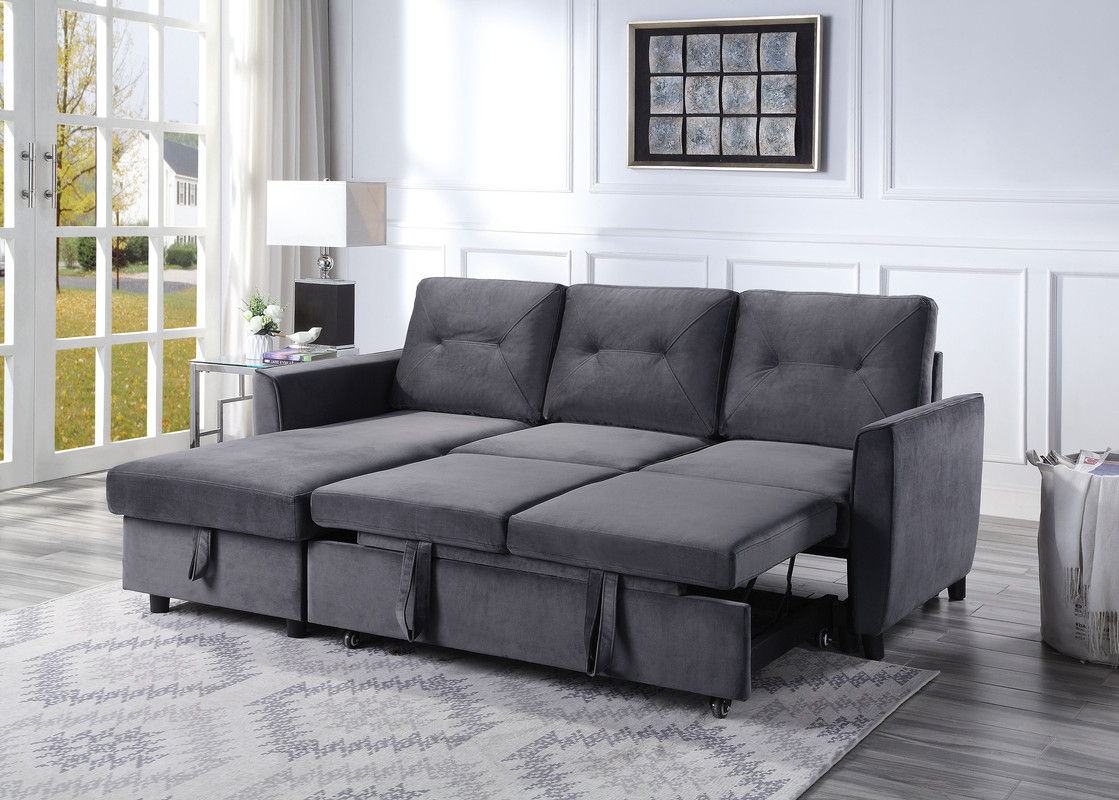 Hudson - Velvet Reversible Sleeper Sectional Sofa With Storage Chaise - Dark Gray