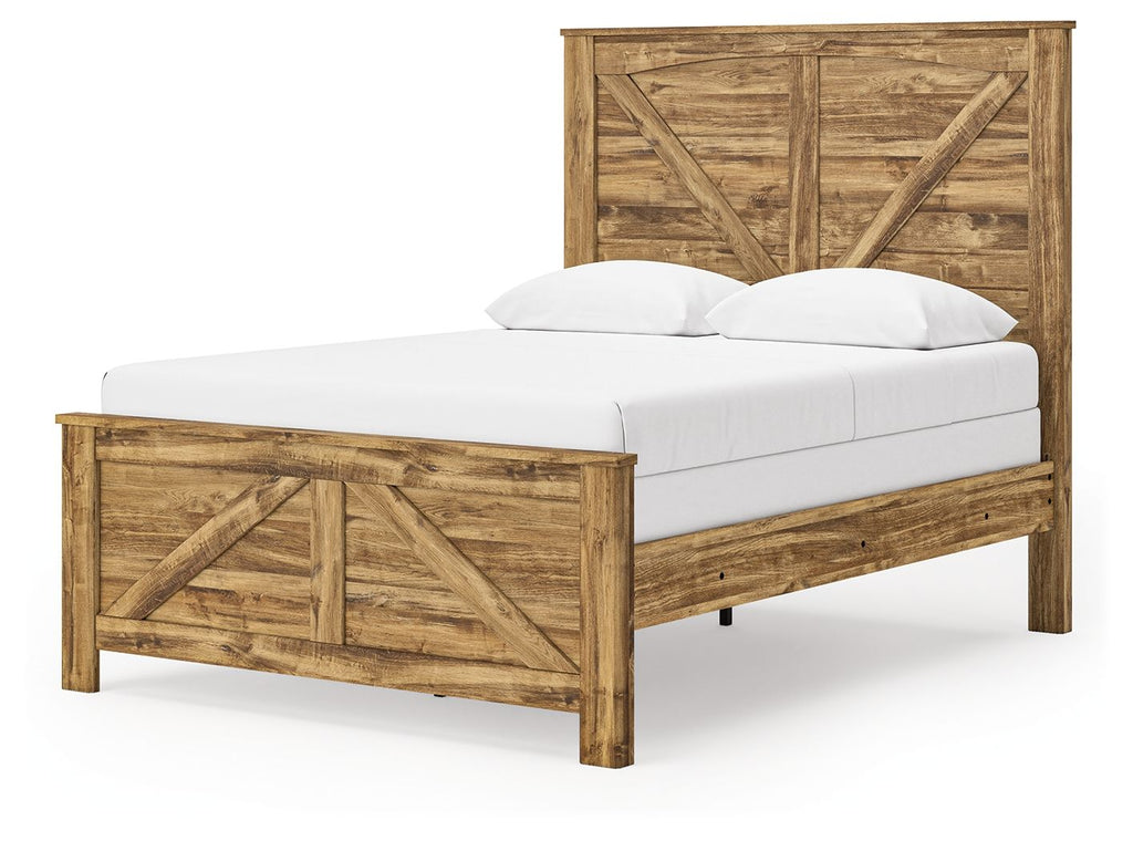 Light brown wooden panel bed frame with crossbuck headboard, white mattress and pillows