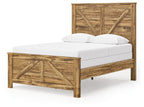 Light brown wooden panel bed frame with crossbuck headboard, white mattress and pillows