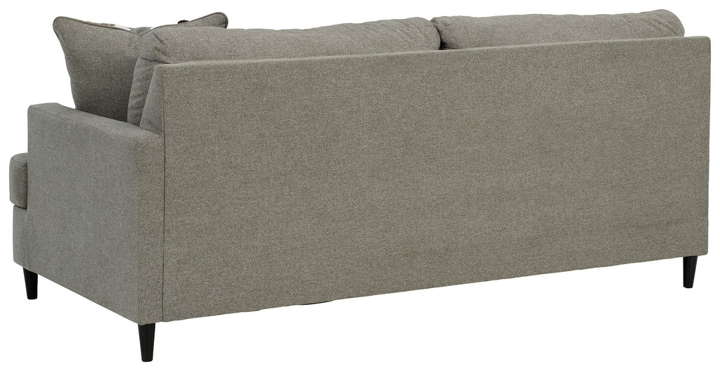 Dark gray fabric sofa with wide arms, visible seat cushions, and dark tapered legs