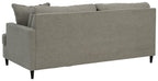 Dark gray fabric sofa with wide arms, visible seat cushions, and dark tapered legs