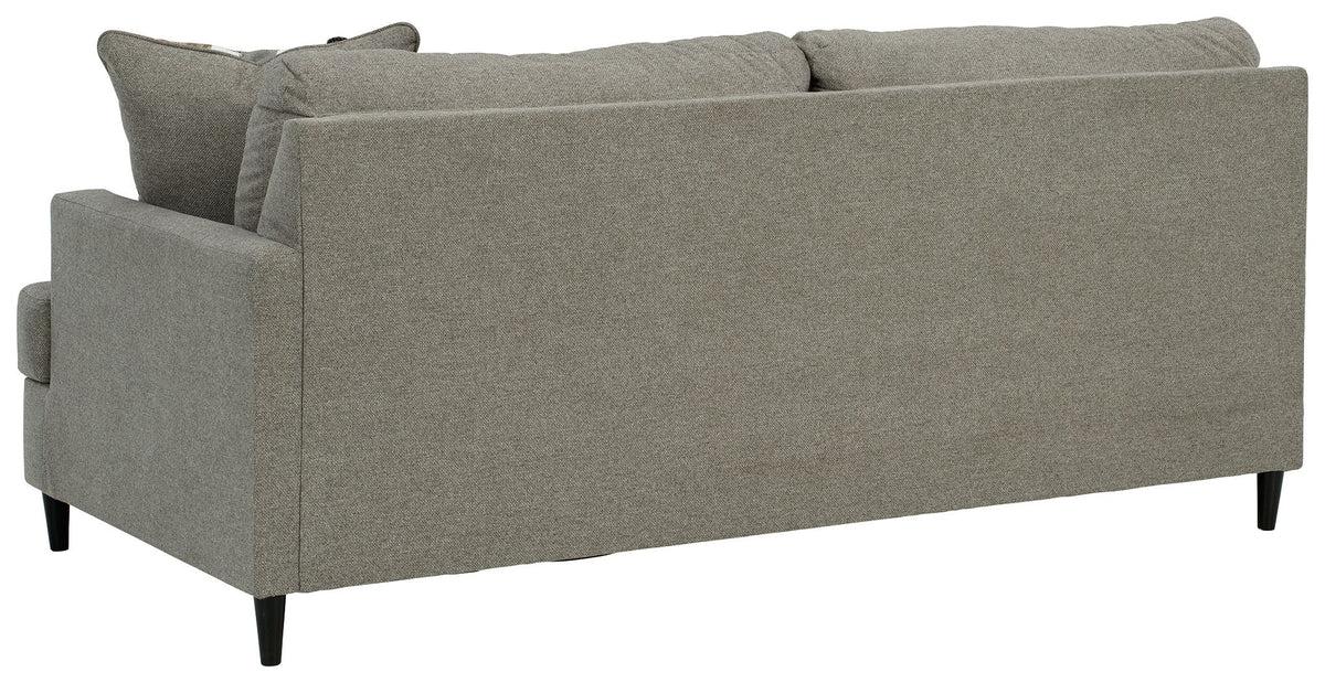 Dark gray fabric sofa with wide arms, visible seat cushions, and dark tapered legs