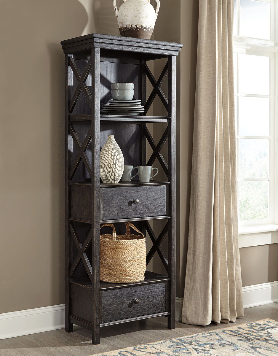 Dark gray display cabinet with open shelves, drawers, and X-style side panels