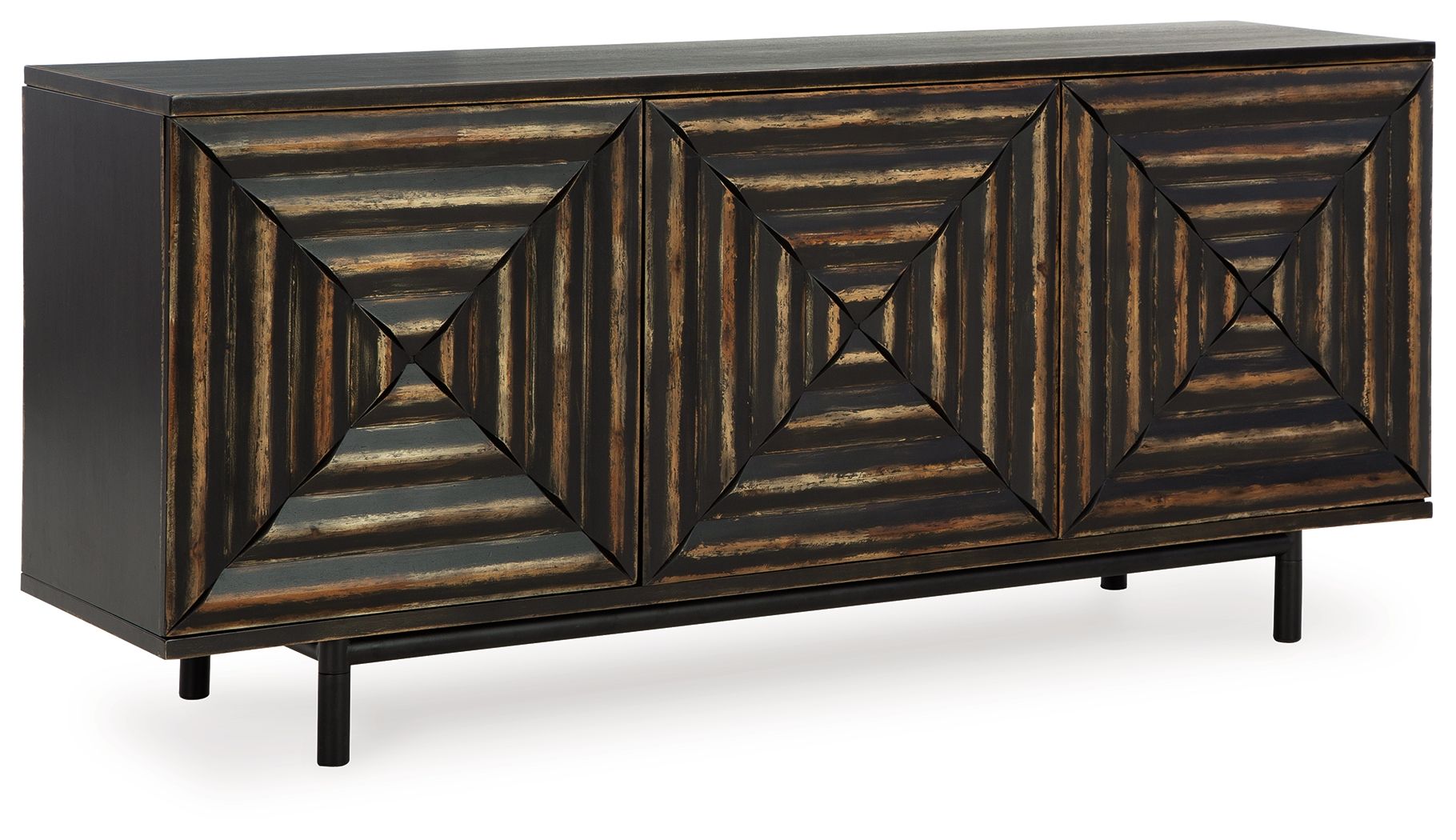 Distressed black accent cabinet with three door panels, geometric fronts, and tapered legs.