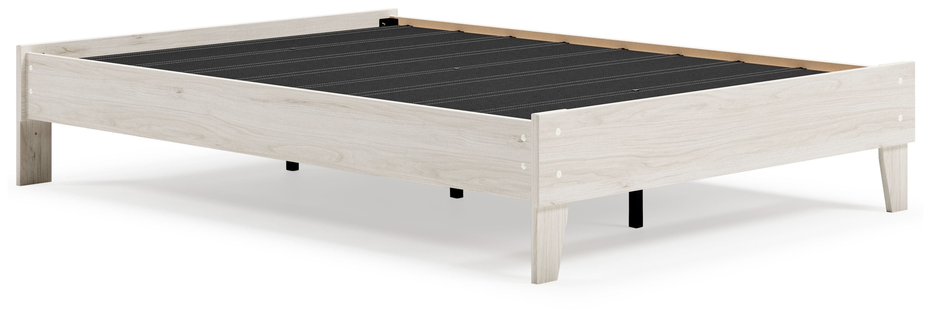 Platform bed frame in light wood with black slatted center support
