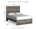 Panel bed with dark gray woodgrain headboard and rails, open platform with metal center