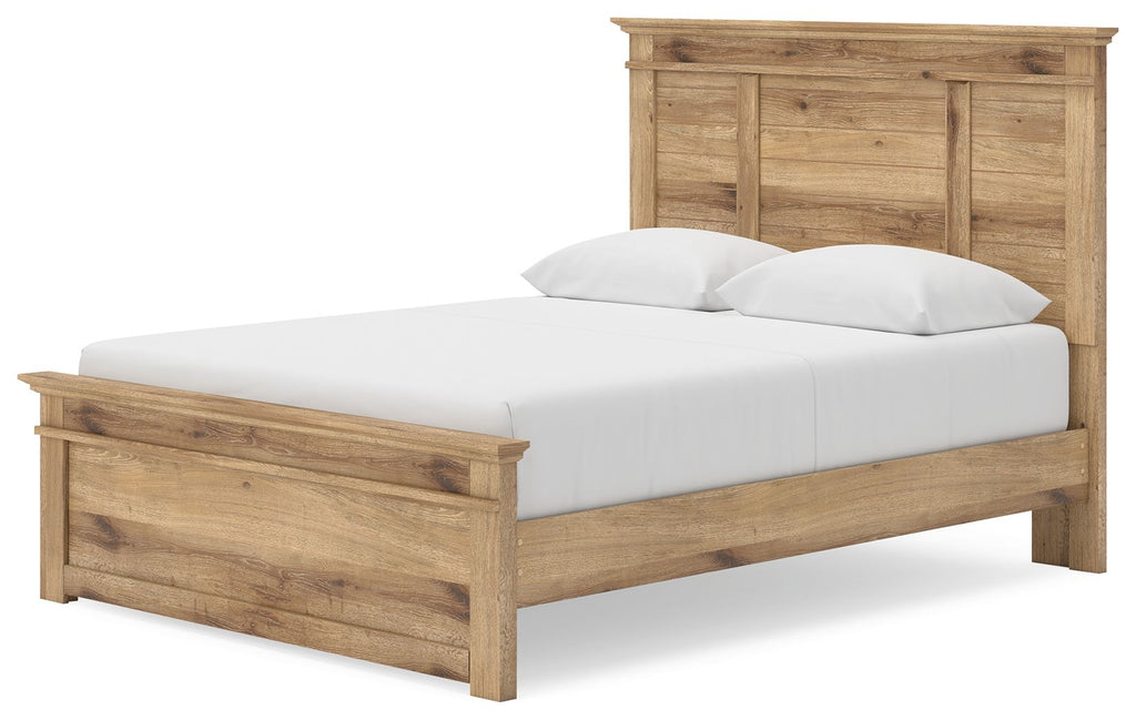Light brown panel storage bed with side drawers and slatted mattress base