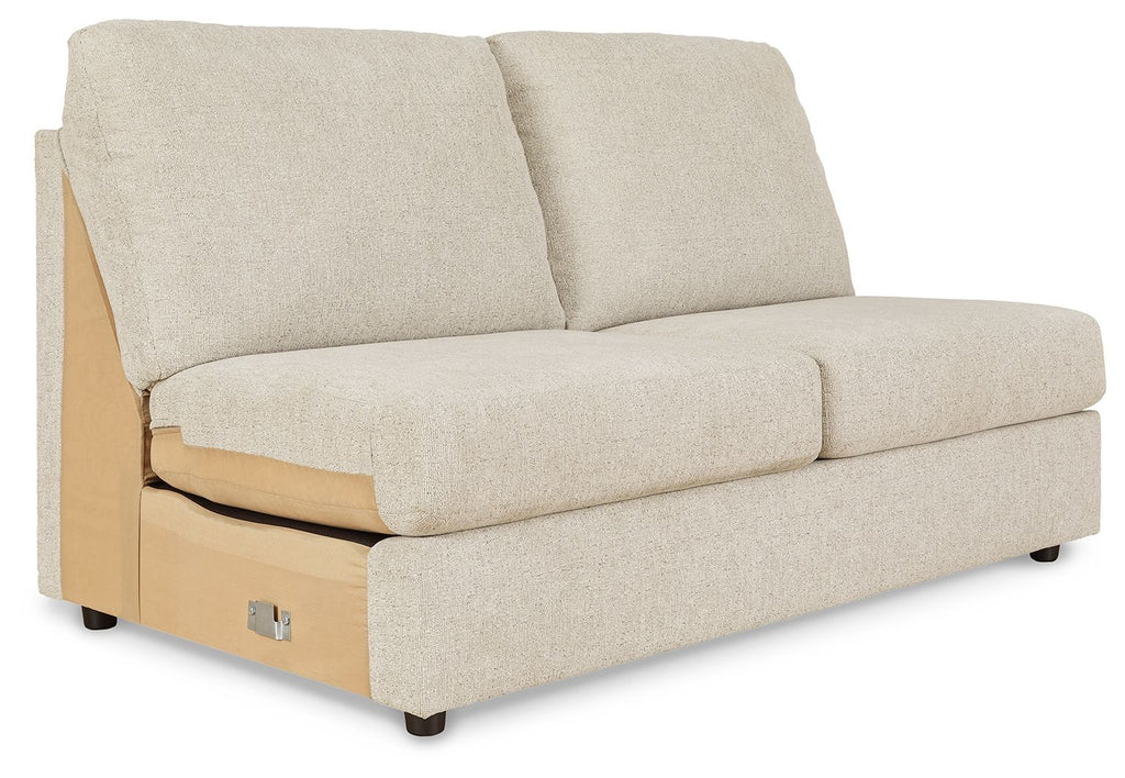 Pearl silver armless loveseat with two back cushions and track-style arm profile