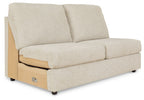 Pearl silver armless loveseat with two back cushions and track-style arm profile