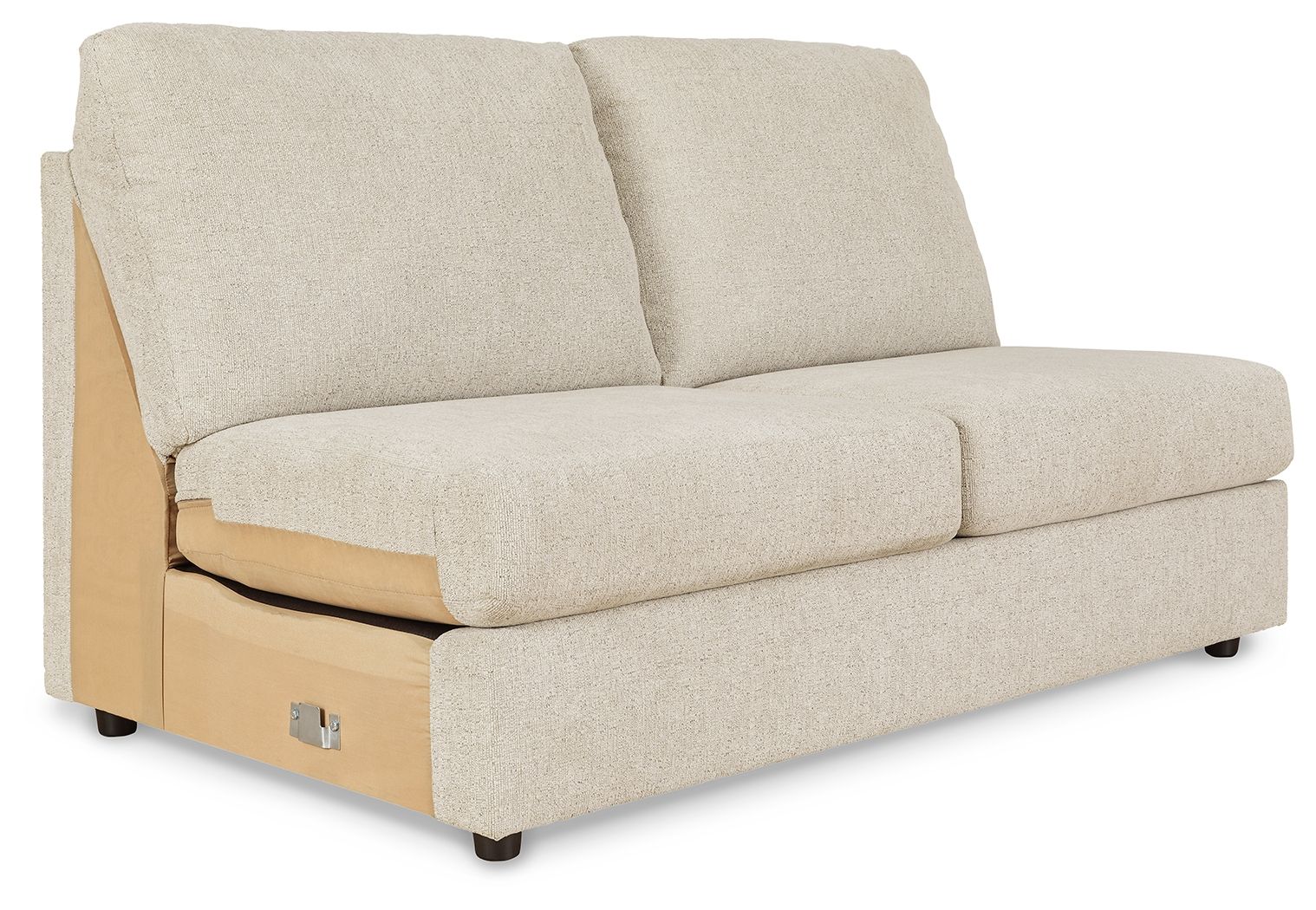 Pearl silver armless loveseat with two back cushions and track-style arm profile
