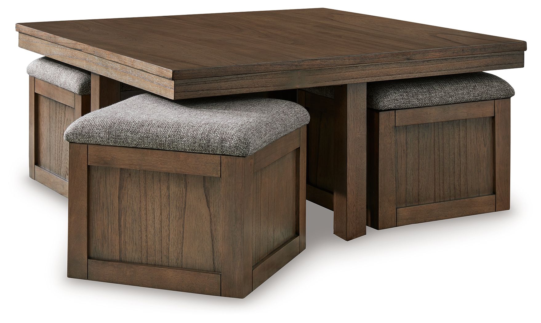 Brown cocktail table with two gray cushioned stools, thick block legs and skirt.