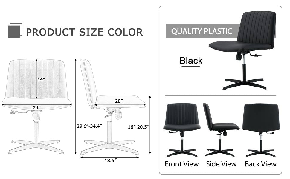 Black PU Leather Home Office Chair, 360° Swivel, No Wheels