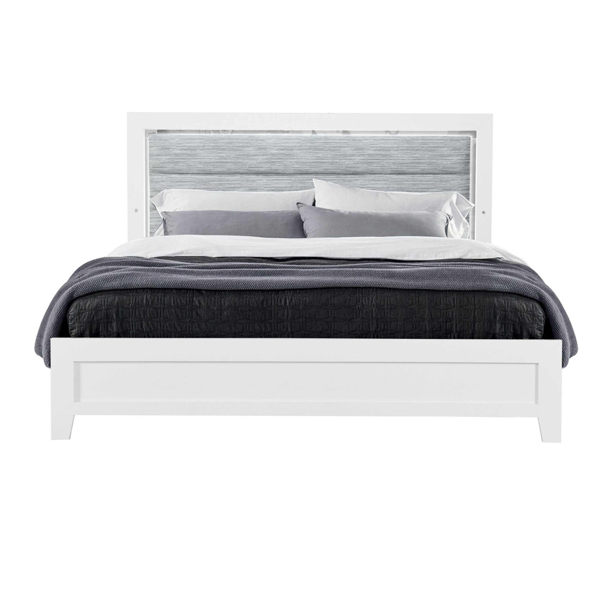 OMODA Modern White King Bed | LED Lighting & Rubber Wood Frame