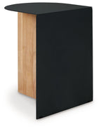 Black accent table with round top, natural wood side panel, open cabinet front