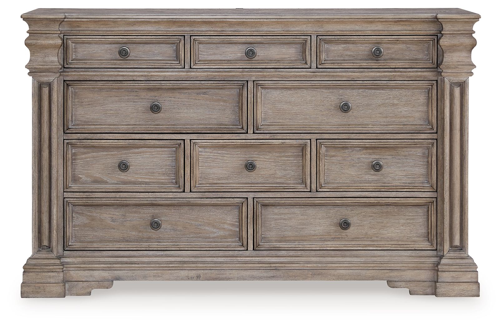 Light gray-brown dresser front with six drawers and round metal knobs.
