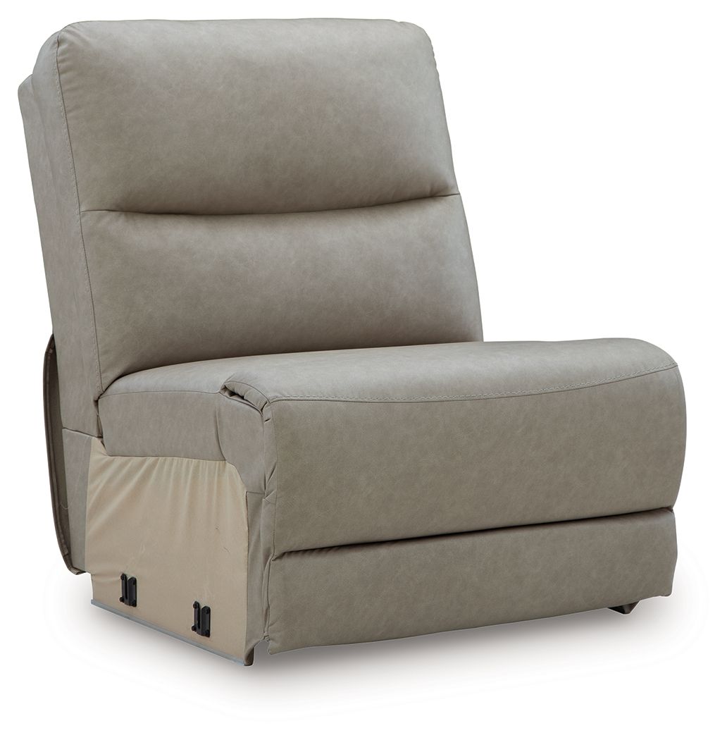 Pebble armless chair with upholstered back, padded seat, and side storage panel