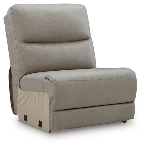Pebble armless chair with upholstered back, padded seat, and side storage panel