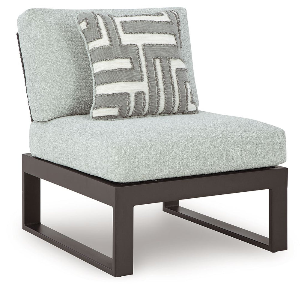 Outdoor sectional chair section with light gray cushion, patterned throw pillow, black base