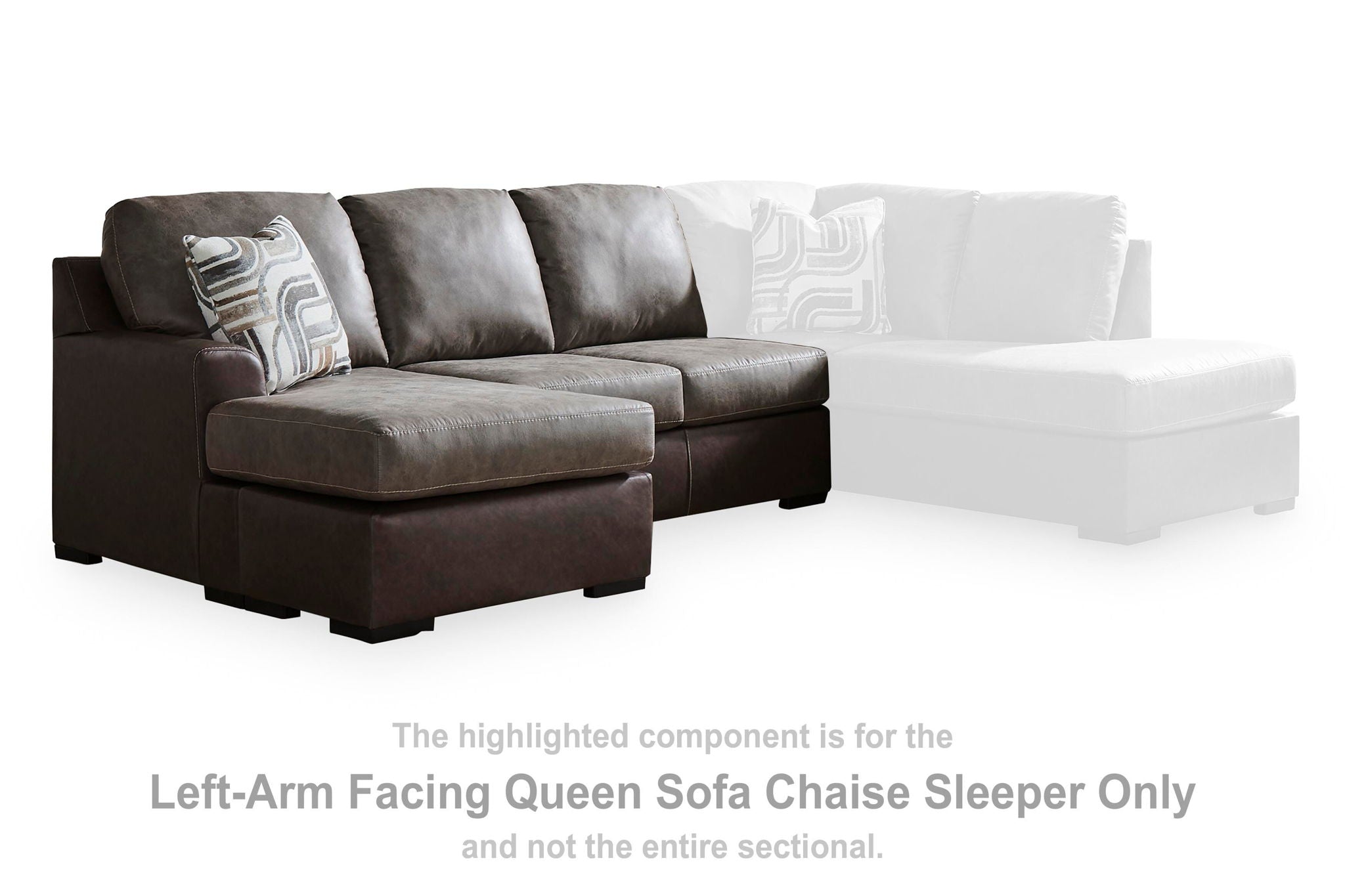 Dark brown queen sofa chaise sleeper with left-arm section and gray accent pillows