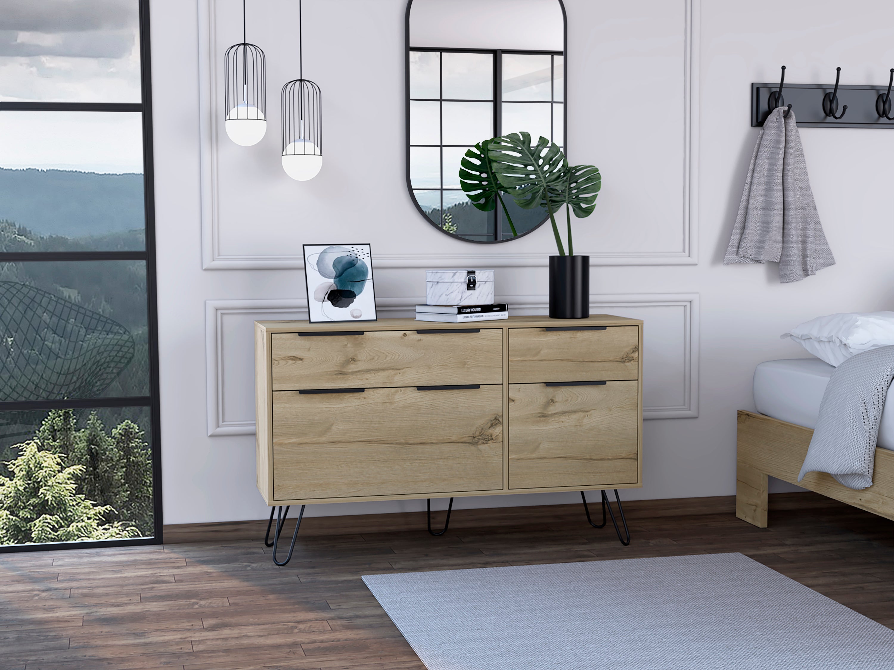 Light Oak Double Dresser - Hairpin Legs, 4 Drawers