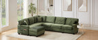 Green corduroy sectional sofa with ottoman and low block-style legs