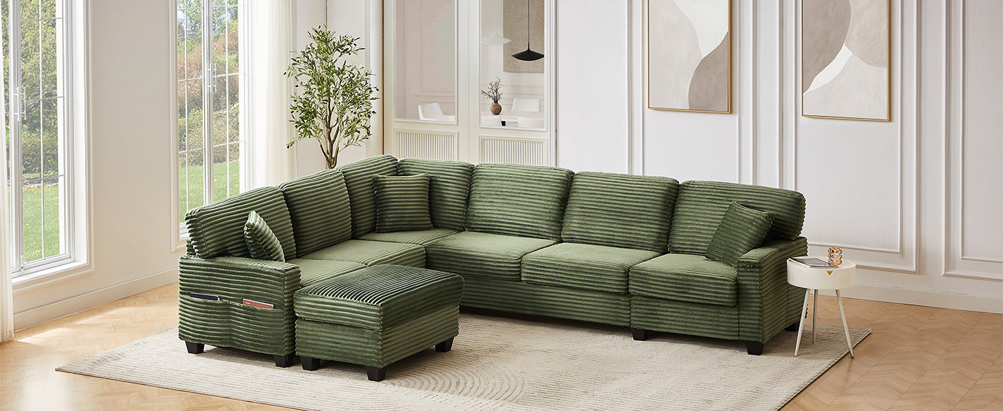 Green corduroy sectional sofa with ottoman and low block-style legs