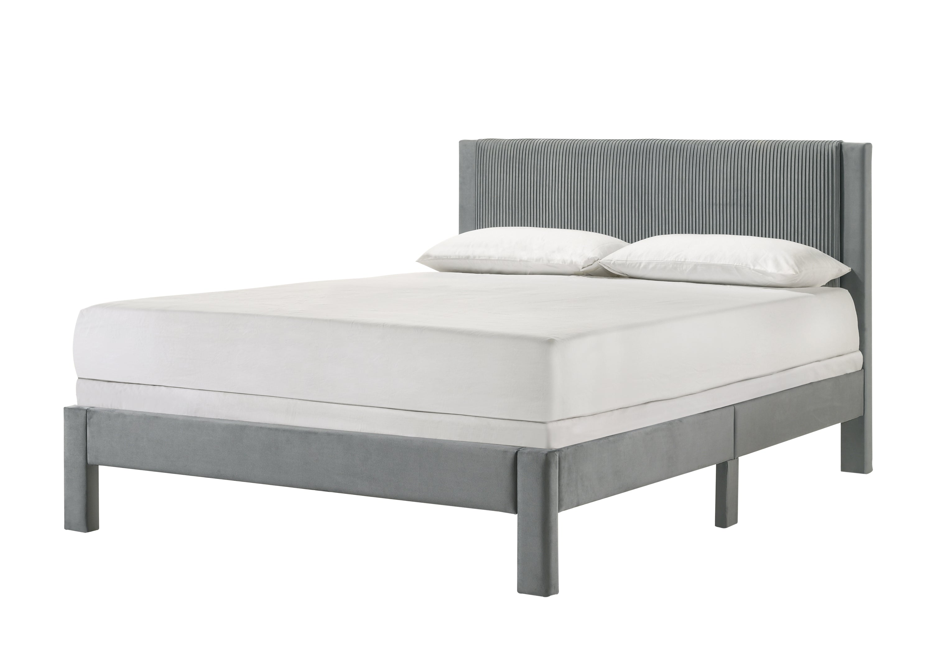 Light Gray Full Platform Bed: Upholstered Plush Ribbed Headboard