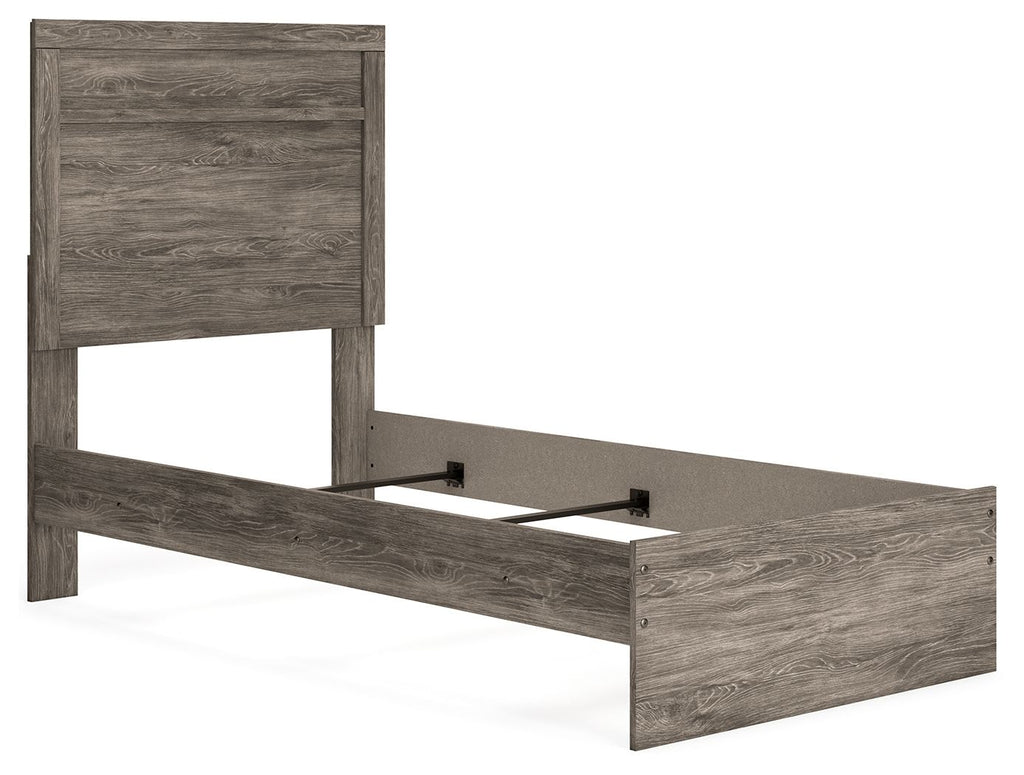 Dark gray wood-look panel bed with tall headboard and side guard rails