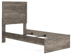 Dark gray wood-look panel bed with tall headboard and side guard rails