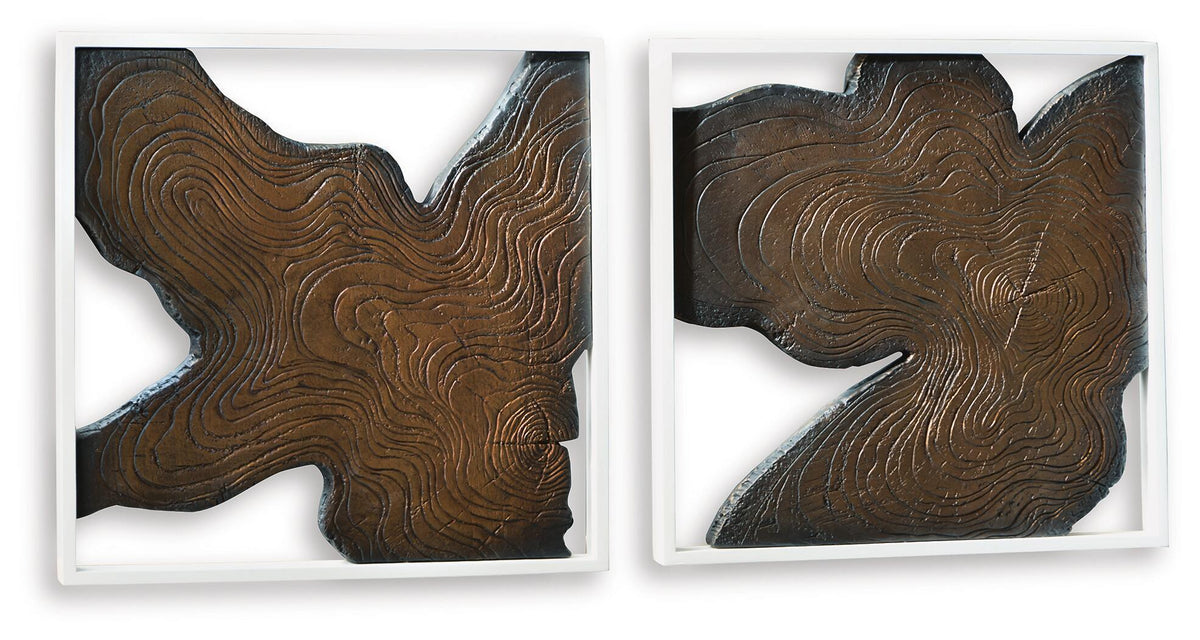 Set of 2 framed abstract wall art with brown woodgrain contour lines, irregular star-like shapes