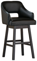 Black upholstered swivel barstool with armrests and curved back, black frame