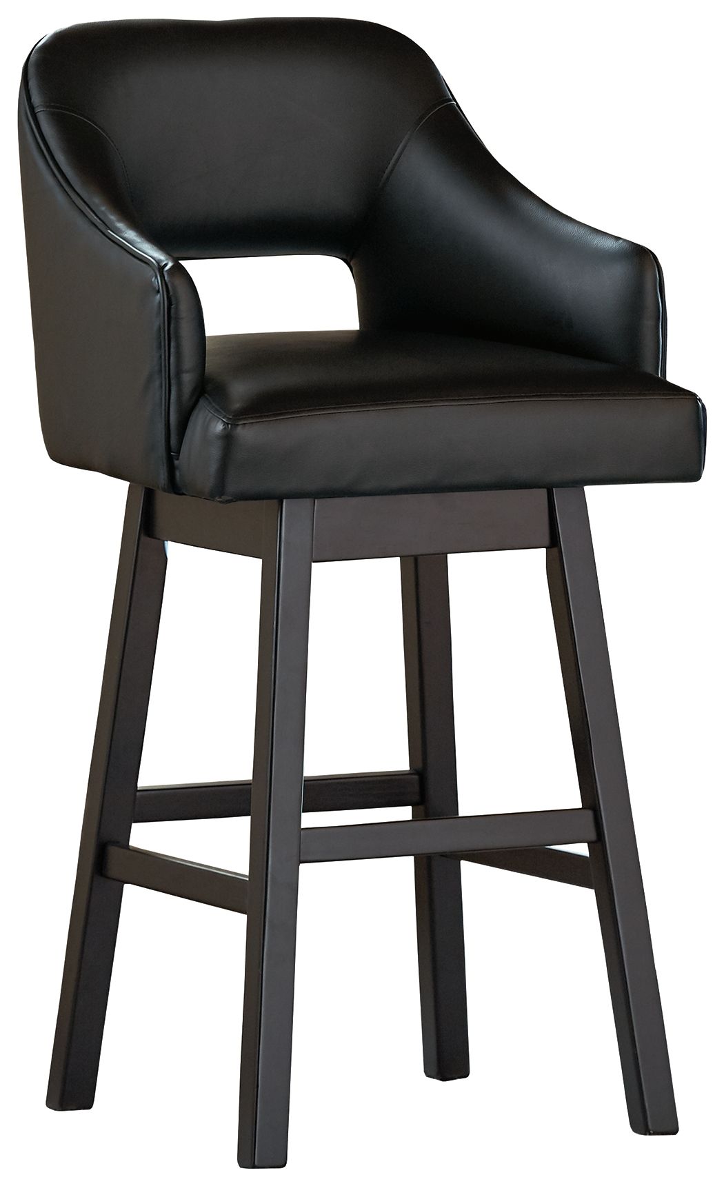 Black upholstered swivel barstool with armrests and curved back, black frame